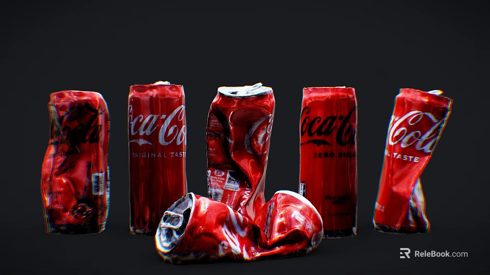 Red Coca Cola Aluminum Cans With One Crushed Arranged In A Row 3d model 
