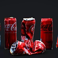 Red Coca Cola Aluminum Cans With One Crushed Arranged In A Row