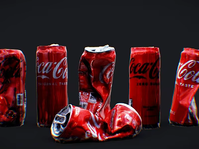 Red Coca Cola Aluminum Cans With One Crushed Arranged In A Row 3d model