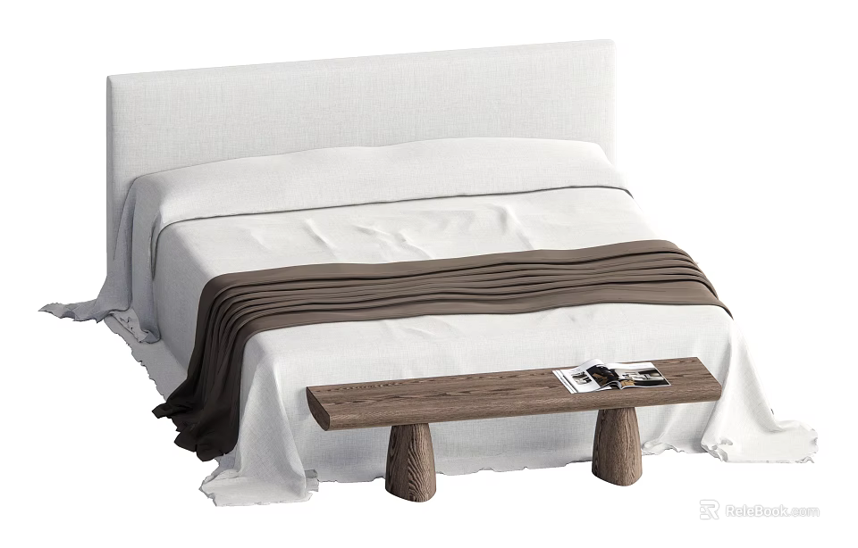 Double Bed With White Upholstered Headboard White Sheets Brown Throw And Wooden Bench 3d model 
