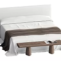 Double Bed With White Upholstered Headboard White Sheets Brown Throw And Wooden Bench
