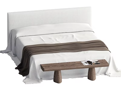 Double Bed With White Upholstered Headboard White Sheets Brown Throw And Wooden Bench 3d model