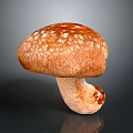 Fresh Brown Mushroom with White Spotted Cap and White Stem on Dark Background