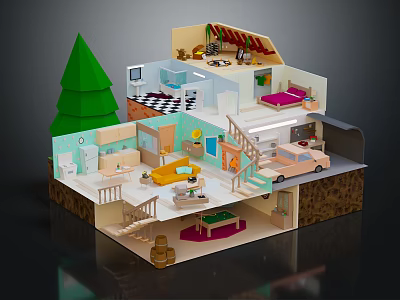 Cartoon Style 3D House Cutaway Model Featuring Various Rooms Furniture Staircase And Car 3d model