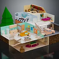 Cartoon Style 3D House Cutaway Model Featuring Various Rooms Furniture Staircase And Car