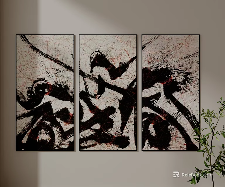 Modern Abstract Triptych Paintings With Black Red Lines And Textured Wall Decor 3d model 