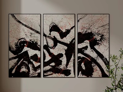 Modern Abstract Triptych Paintings With Black Red Lines And Textured Wall Decor 3d model