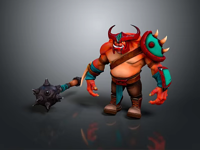 Game Movie Character With Red Horns Green Shoulder Armor Holding Spiked Hammer And Brown Pants 3d model