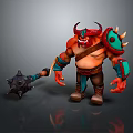 Game Movie Character With Red Horns Green Shoulder Armor Holding Spiked Hammer And Brown Pants