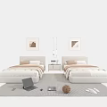 Modern Single Beds Design With Central Bedside Table Lamp Wall Paintings And Rug Items 3d model