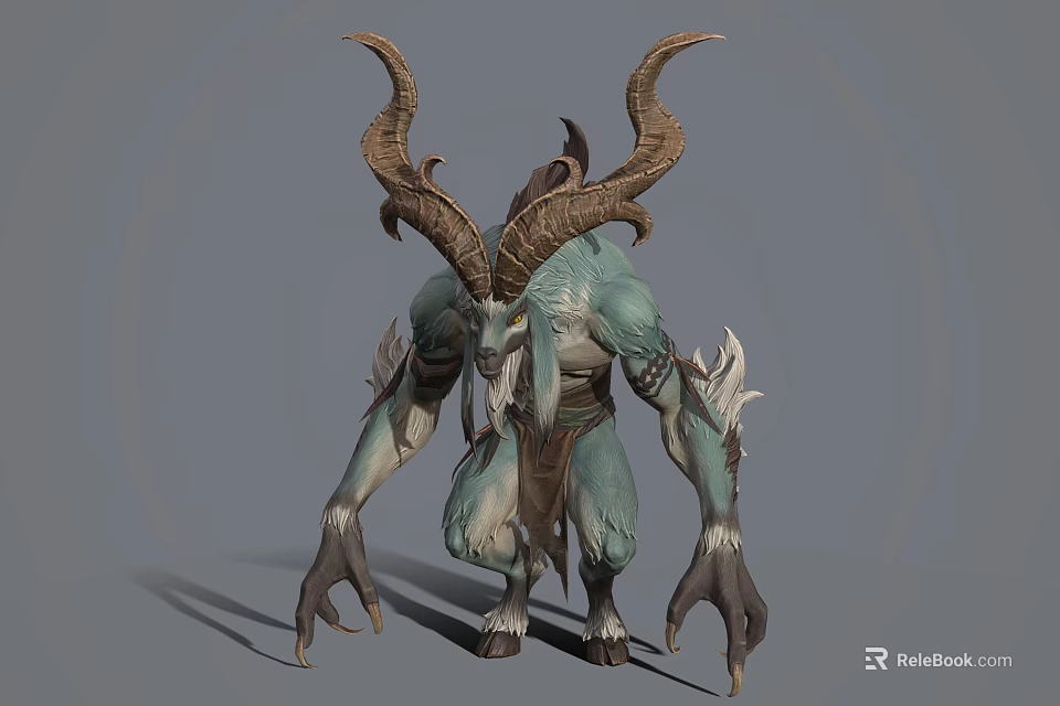 Standing Mythical Creature Character With Curved Horns Teal Skin Sharp Claws And Decorative Waist Sash 3d model 