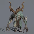Standing Mythical Creature Character With Curved Horns Teal Skin Sharp Claws And Decorative Waist Sash