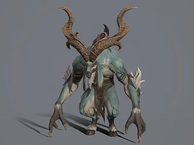 Standing Mythical Creature Character With Curved Horns Teal Skin Sharp Claws And Decorative Waist Sash 3d model