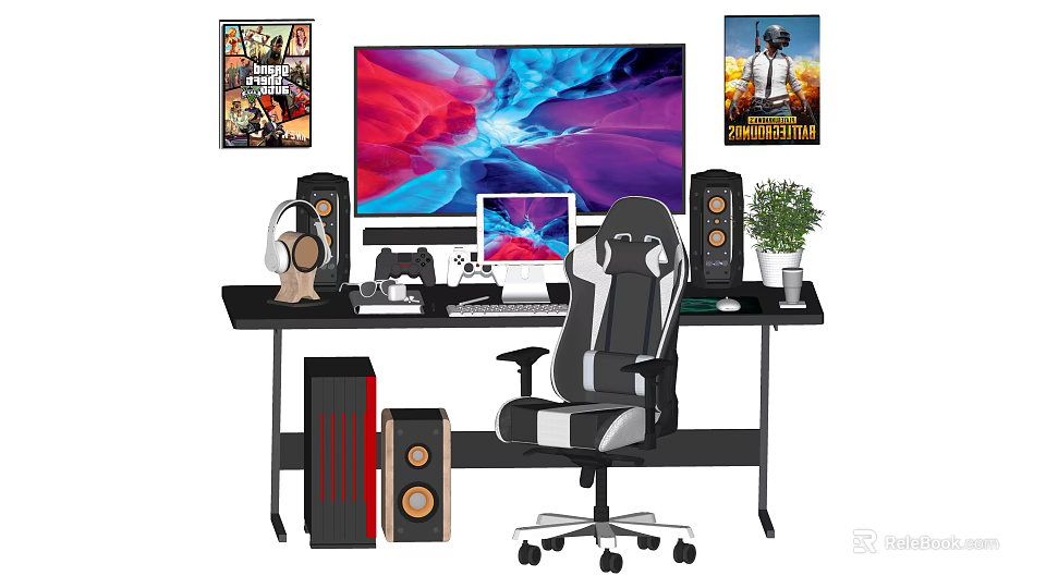 Functional Desk Gaming Setup With Monitor Laptop Gaming Chair Speakers Potted Plant And Wall Posters 3d model 
