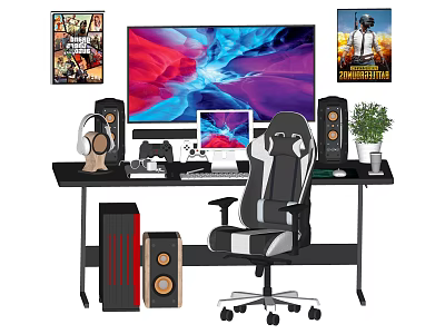 Functional Desk Gaming Setup With Monitor Laptop Gaming Chair Speakers Potted Plant And Wall Posters 3d model