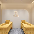 SPA Sauna Lobby Interior With Marble Reception Desk Red Beige Shelves And Green Plant