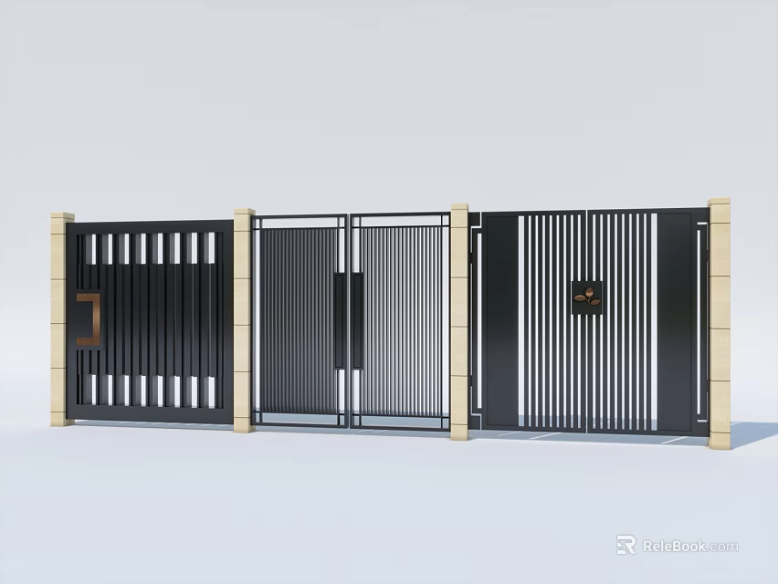 Black Modern Metal Gate With Vertical Slats Double Door And Beige Side Pillars 3d model 
