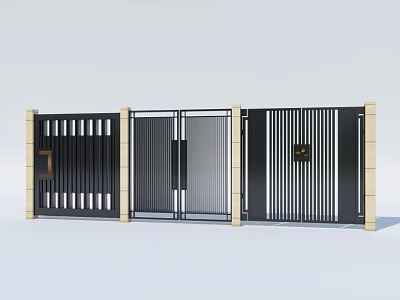 Black Modern Metal Gate With Vertical Slats Double Door And Beige Side Pillars 3d model