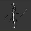Metallic Robot Figure With Red And White Lightsabers Standing On Gray Background