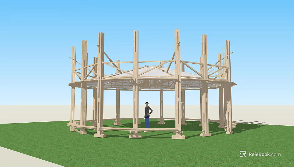 Outdoor Circular Wooden Structure With Supporting Columns And Roof Frame On Grass Field 3d model 