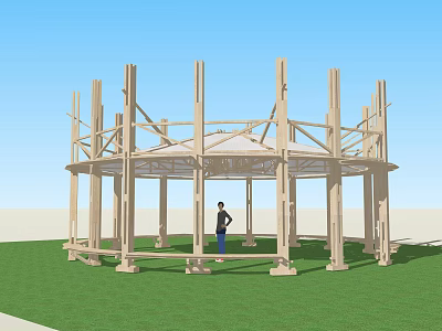 Outdoor Circular Wooden Structure With Supporting Columns And Roof Frame On Grass Field 3d model
