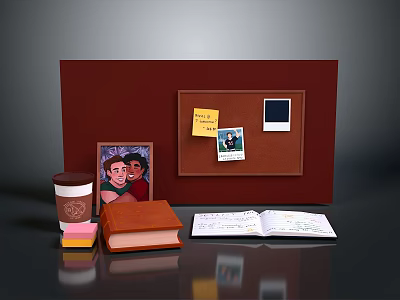 Brown Bulletin Board With Sticky Note Photos Coffee Cup Book Open Notebook And Colorful Notes 3d model