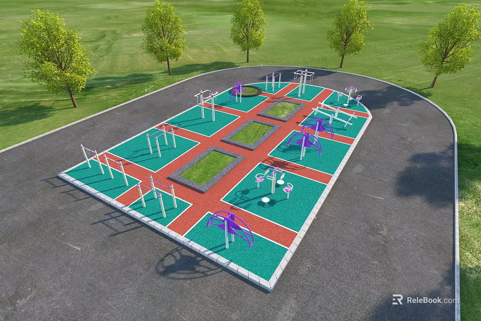 Park Landscape Featuring Fitness Area With Exercise Equipment Green Lawn And Trees 3d model 