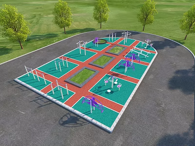 Park Landscape Featuring Fitness Area With Exercise Equipment Green Lawn And Trees 3d model