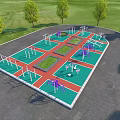 Park Landscape Featuring Fitness Area With Exercise Equipment Green Lawn And Trees