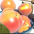 Fresh Ripe Peaches With Blueberries Blackberries And Honey In Bowl With Green Leaves
