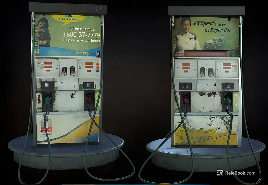 Public Fuel Station Facility With Old Fuel Pumps And Advertisement Billboards 3d model 