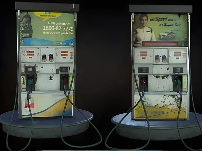 Public Fuel Station Facility With Old Fuel Pumps And Advertisement Billboards 3d model