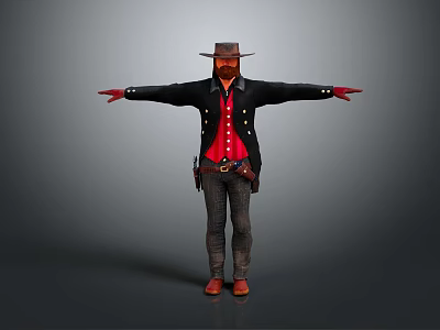 Cowboy Character With Brown Hat Black Coat Red Vest Plaid Pants And Outstretched Arms 3d model