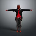 Cowboy Character With Brown Hat Black Coat Red Vest Plaid Pants And Outstretched Arms