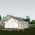 Outdoor White Canvas Tent With Wooden Poles On Green Grass Field And Wooden Deck