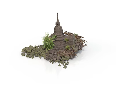 Modern Outdoor Decorative Scene With Stone Structure Green Plants And Scattered Rocks 3d model