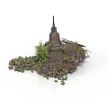Modern Outdoor Decorative Scene With Stone Structure Green Plants And Scattered Rocks