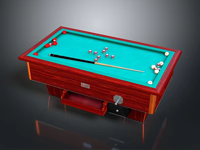 Professional Billiard Table With Green Felt Surface Red White Balls Cue Stick And Mahogany Frame 3d model