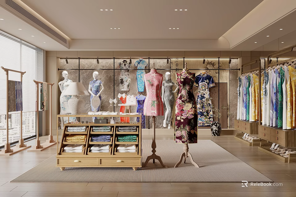 Elegant Clothing Store Interior Featuring Cheongsam Mannequins Clothing Racks And Display Shelves 3d model 