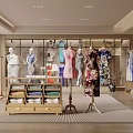 Elegant Clothing Store Interior Featuring Cheongsam Mannequins Clothing Racks And Display Shelves