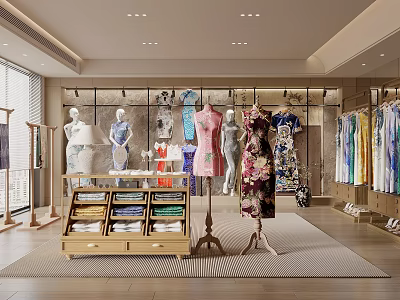 Elegant Clothing Store Interior Featuring Cheongsam Mannequins Clothing Racks And Display Shelves 3d model