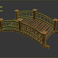 Wooden Arch Bridge In Garden With Yellow Posts Railings And Wooden Deck