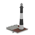 Lighthouse Structure Featuring Lantern Room Tower and Small White Cottage Red Roof 3d model