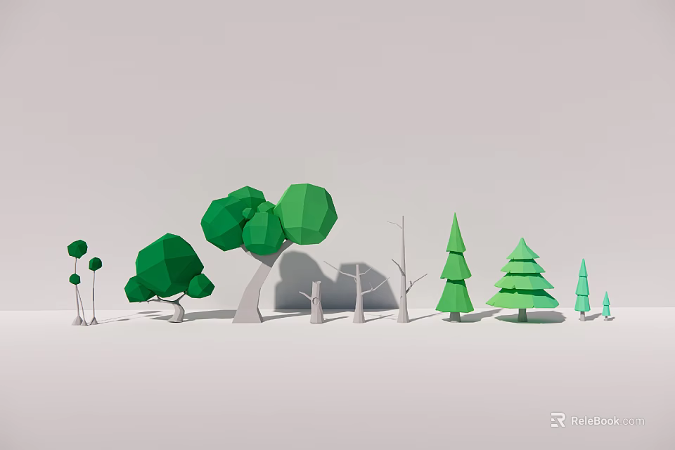 Cartoon Scene with Various Green Trees in Different Low Poly Shapes 3d model