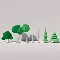 Cartoon Scene with Various Green Trees in Different Low Poly Shapes 3d model