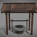 Rustic Traditional Well Structure with Wooden Roof Frame and Stone Basin