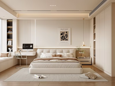 Elegant Modern Bedroom Interior With Comfortable Bed Desk Artwork And Wardrobe 3d model