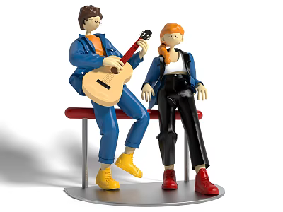 Pair of Dolls Playing Guitar and Sitting on Red Bench with Blue Coat Yellow Shoes 3d model