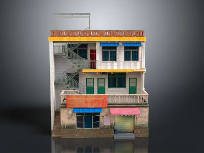 Three Story Residential Building With External Staircase Green Doors Blue Pink Awnings And Windows 3d model