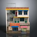 Three Story Residential Building With External Staircase Green Doors Blue Pink Awnings And Windows